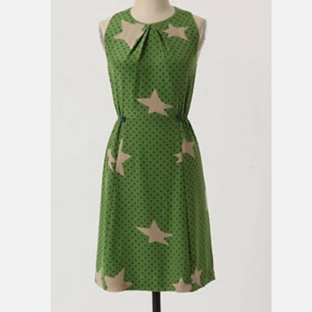 Girls From Savoy Anthropologie Green Star Print Silk Dress A-Line Size 4 Women's
